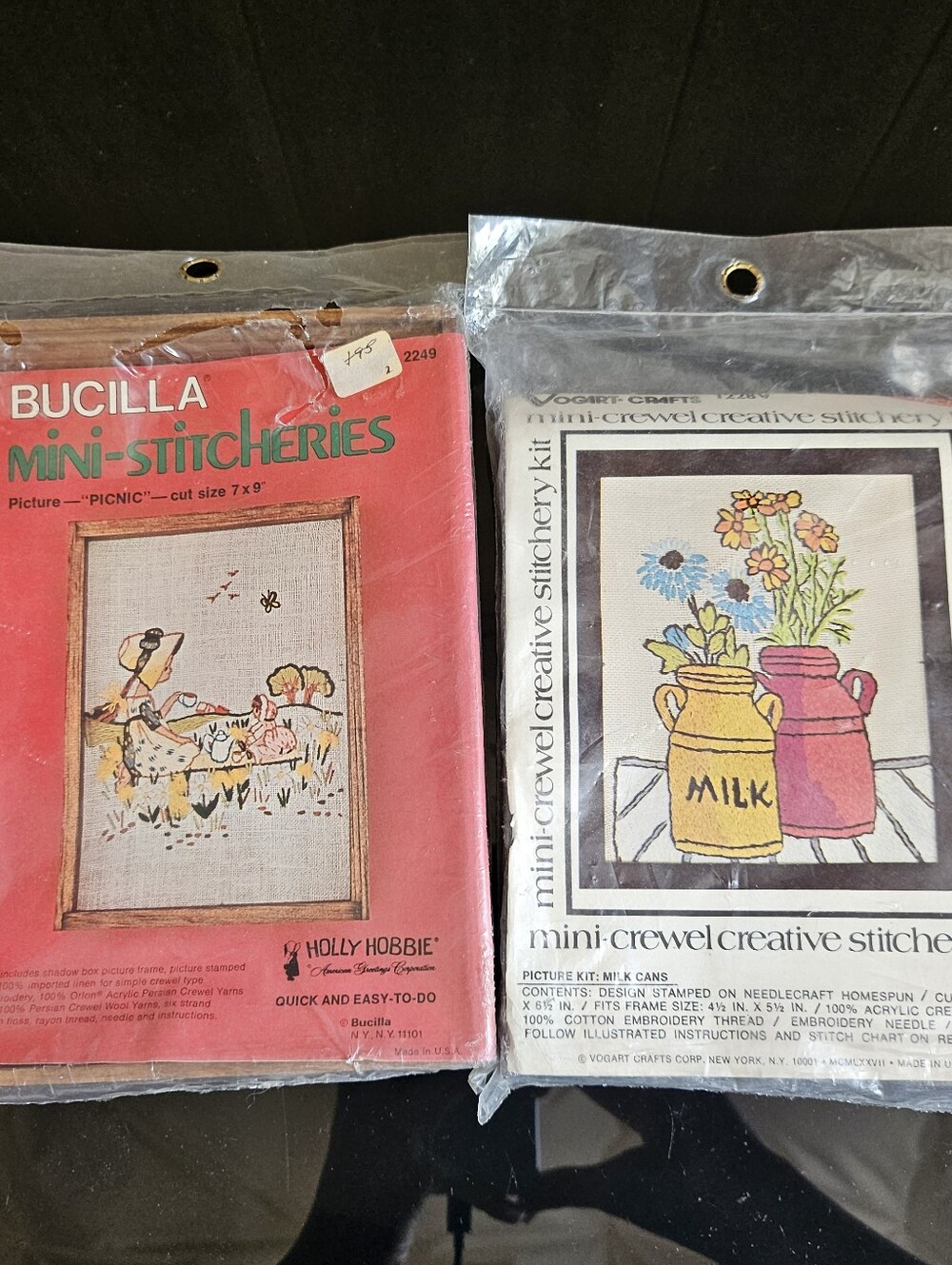 Embroidery Crewel Mini Kit With Frames "Picnic" Milk Cans" Vase Flowers Vintage